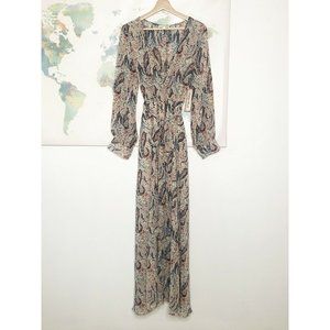 Indigo Rose Size XL Dress Maxi Paisley Surplice Neck Waist Tie Boho Long Sleeve